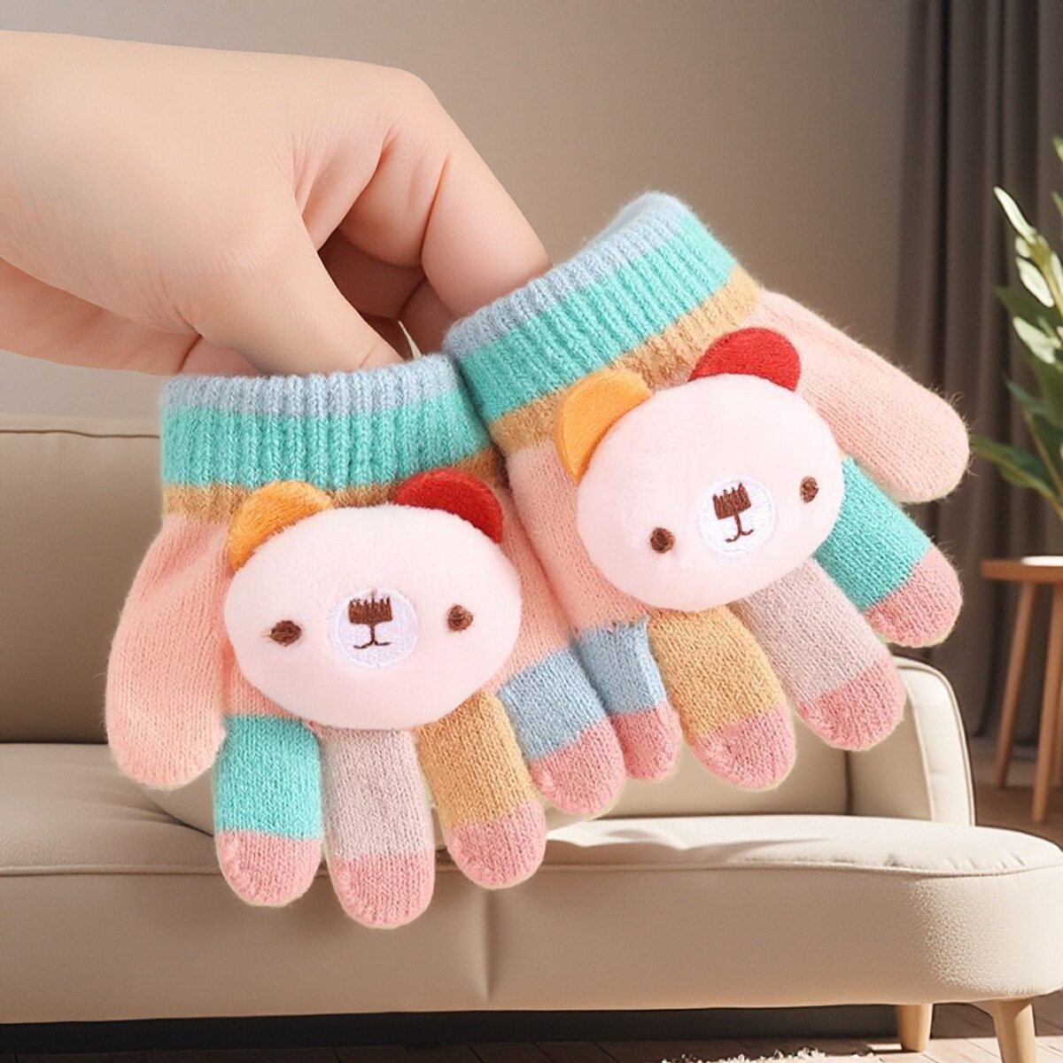 1-2岁小孩儿童手套可爱保暖五指婴幼儿男女全指防寒针织卡通分指