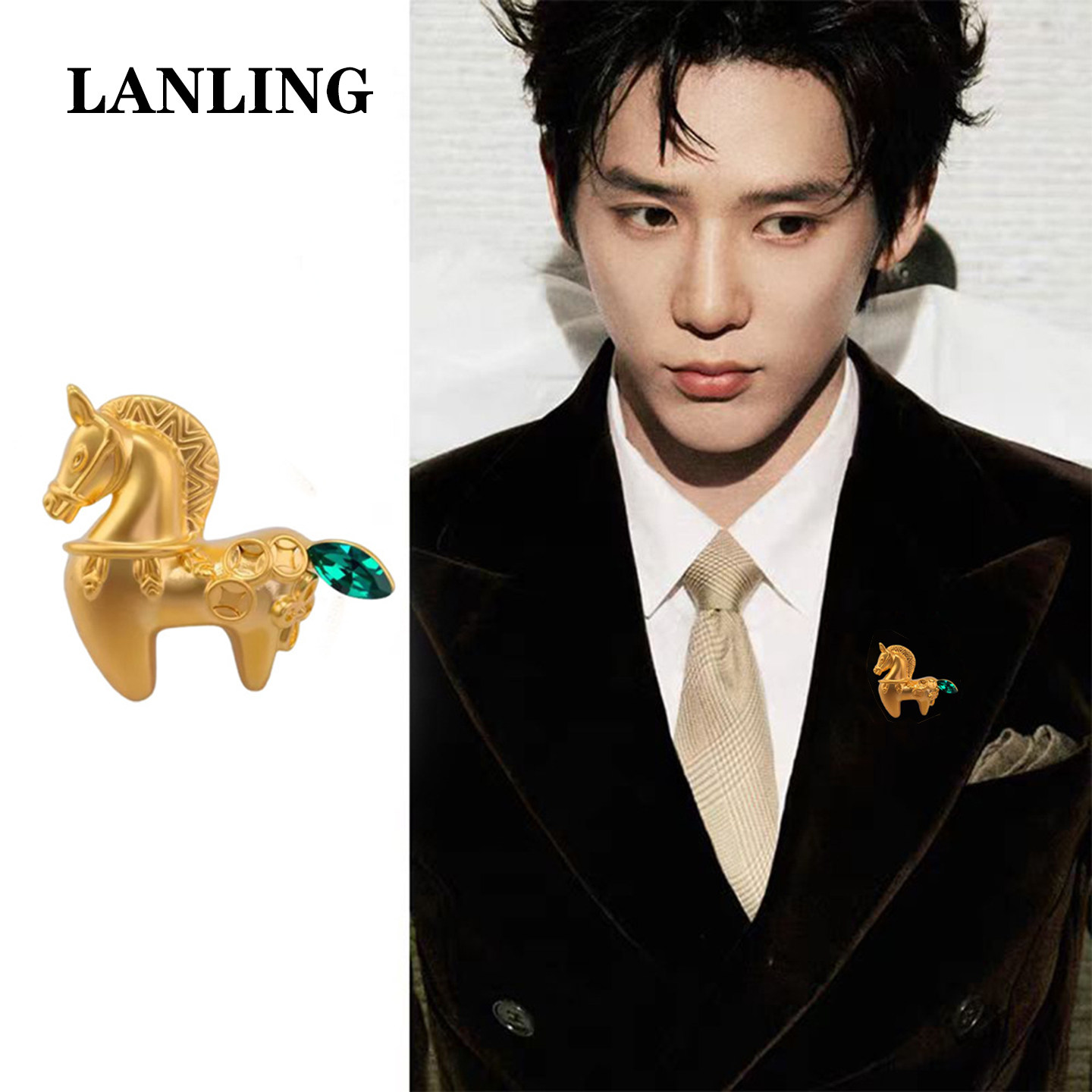 金色来财唐马中式国风胸针女男复古别针新年生肖本命马年胸花配饰