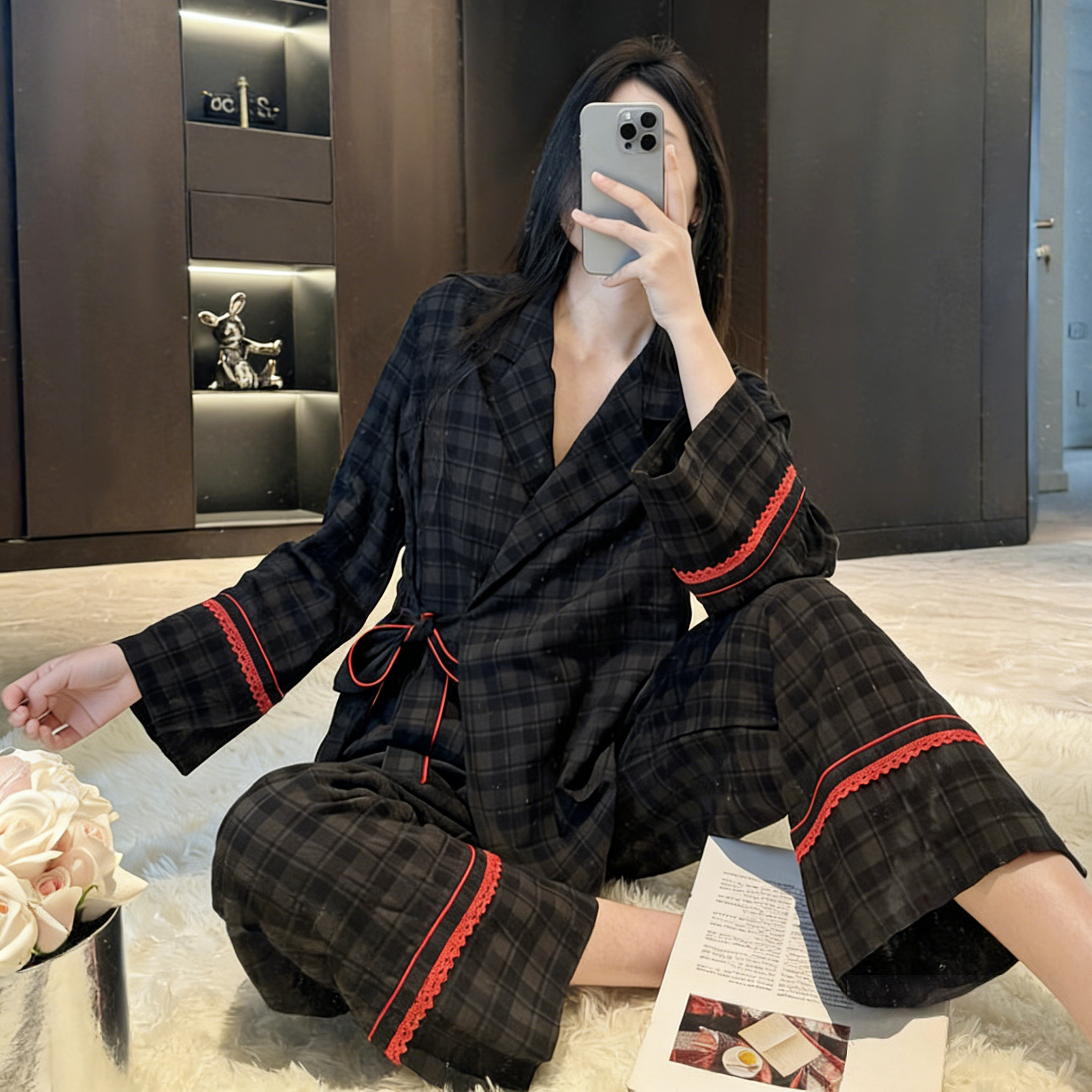 轻奢复古格子睡衣女夏小众设计高级感时尚宽松大气可外穿家居服套