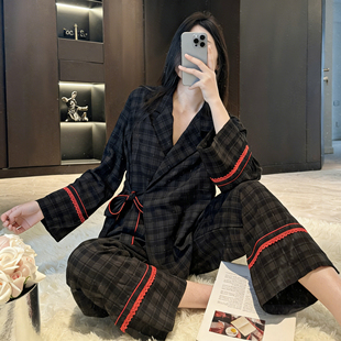 轻奢复古格子睡衣女夏小众设计高级感时尚宽松大气可外穿家居服套