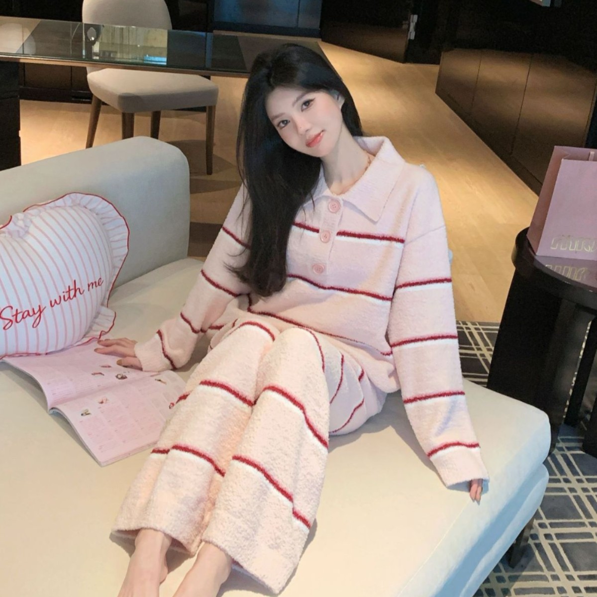 新款秋冬季保暖加绒加厚睡衣女半边绒长袖长裤粉色条纹家居服套装