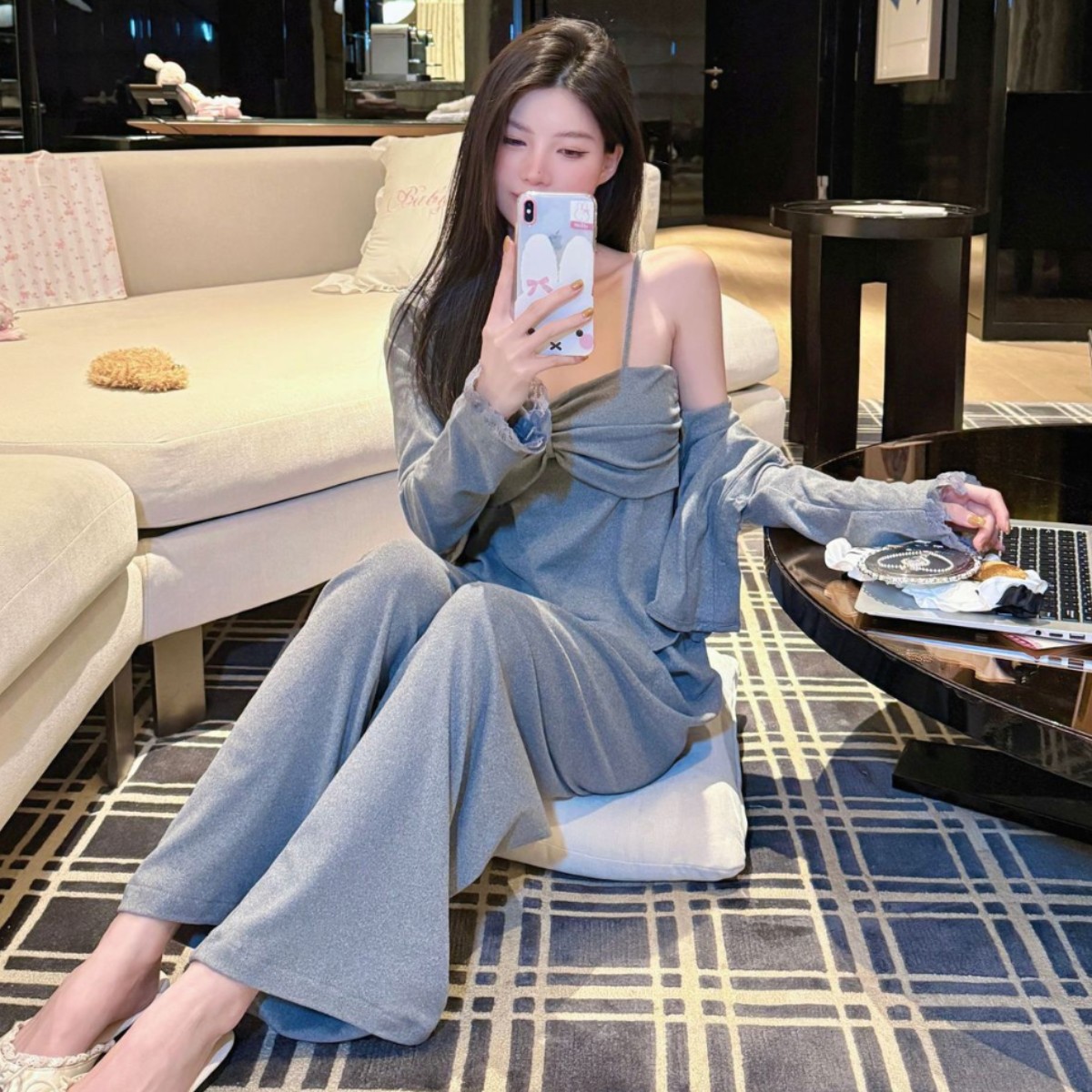 春秋冬季莫代尔保暖睡衣女韩版长袖长裤吊带胸垫性感三件套家居服