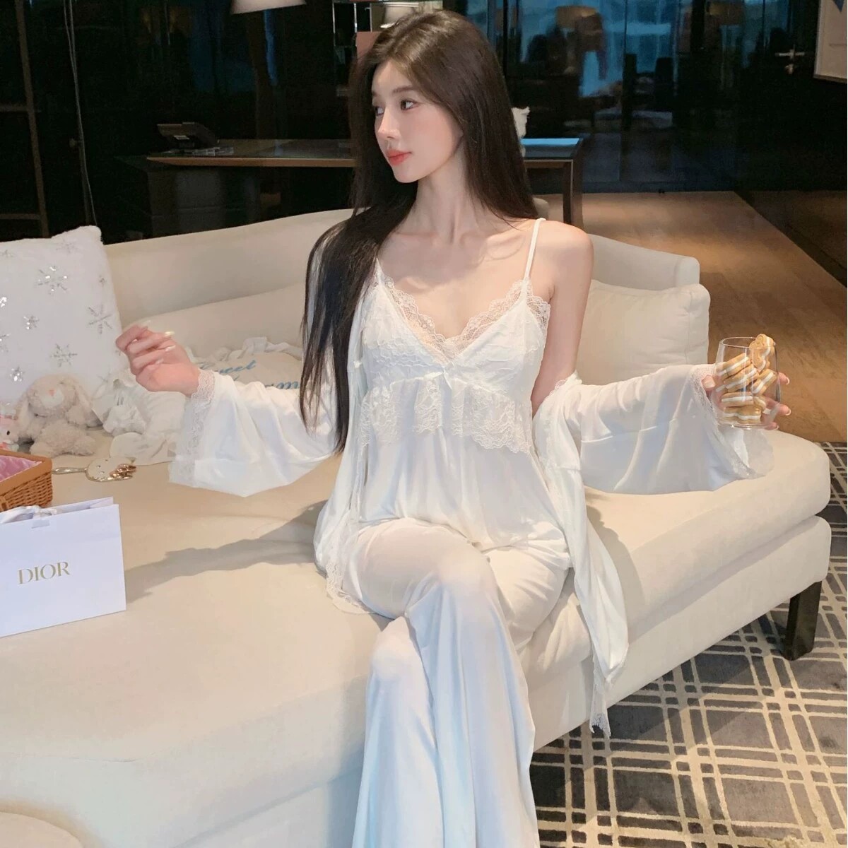 莫代尔棉夏薄款蕾丝睡衣三件套