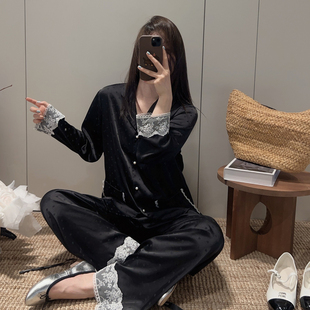 新款 法式 轻奢睡衣女高级感春秋宽松黑色蕾丝可外穿冰丝家居服套装