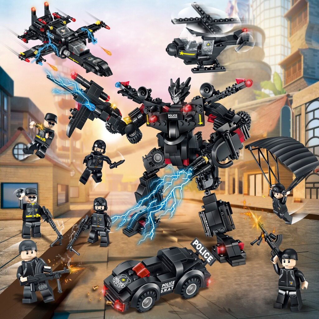 包邮兼容乐积木机变特警飞行战斗机大合体机甲拼装模型儿童玩具高