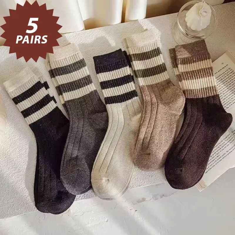 5 Pairs Striped Print Socks Comfy Soft Mid Tube Socks Women'