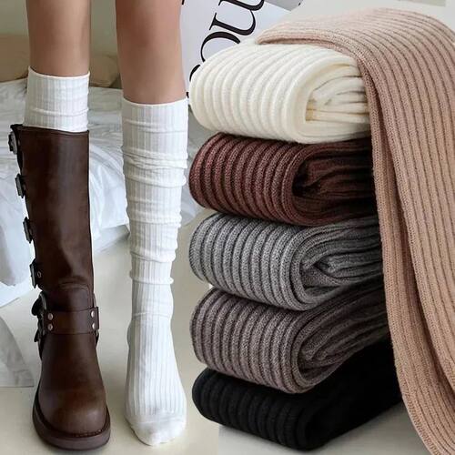 Spring Fall Knee High Stockings for Women White Vertical Str