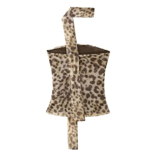 Leopard Tulle Crop Top Women Print Ruched Corset Top Woman V