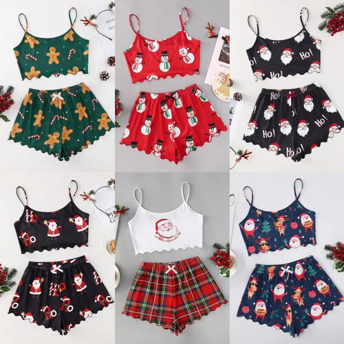 Christmas Style Thin Pajamas Sleeveless Shorts Milk Silk Sim