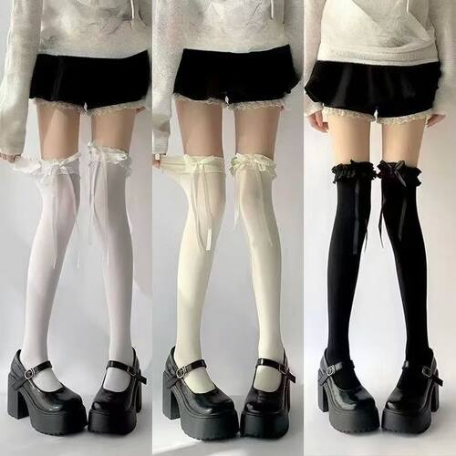 White Thin Sheer Ruffle-edge Lace Long Socks Women JK Girl S