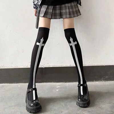 Women Sexy Retro Gothic Lolita Cross Print Club Stockings Go