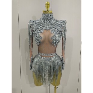 Sequin Rhinestone Sparkly Bir Stretch Bodysuits Tassel Women