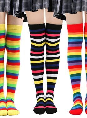 Colorful Rainbow Stockings Women Over Knee High Long Striped