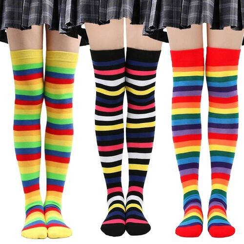 Colorful Rainbow Stockings Women Over Knee High Long Striped