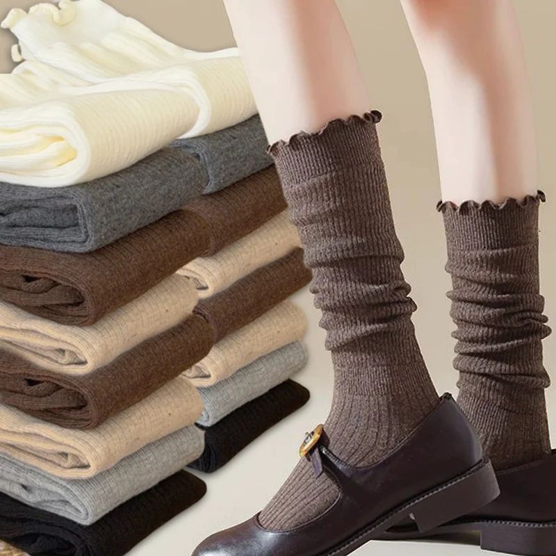 Women Autumn Trendy Ruffles Knitted Long Sock Warm Over Stoc