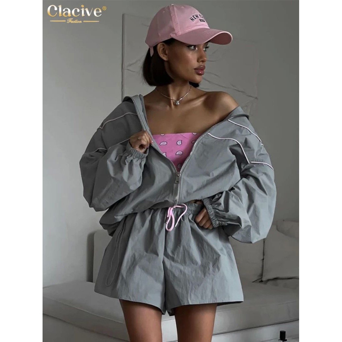 Fashion Loose Gray 2Pc Sets Women Outfit Elegant Long Sleeve