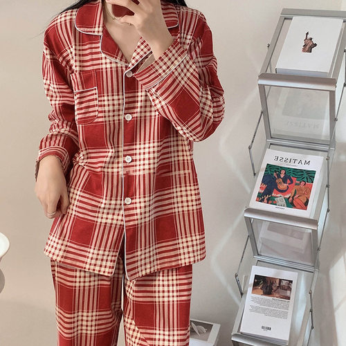 Couple Pajamas Women's Christmas Plaid Autumn And Winter Thi