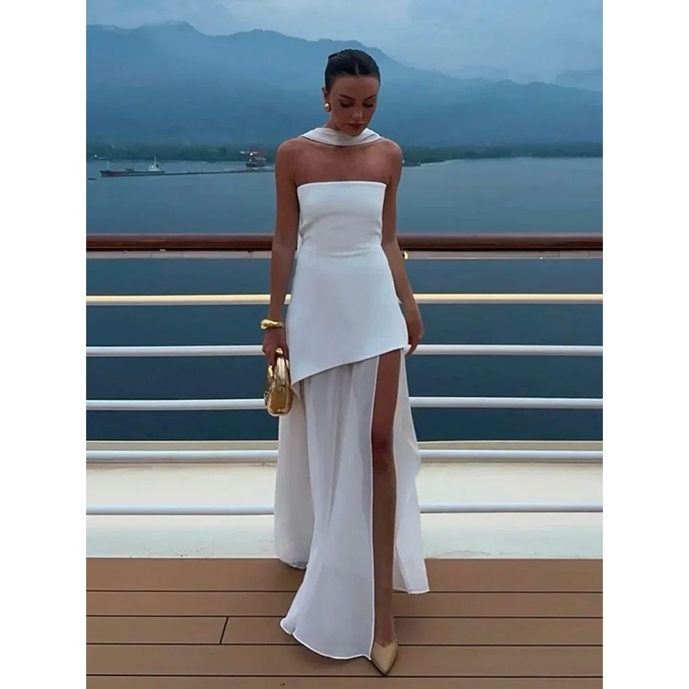 Fashion Strapless Ribbon Mesh Patchwork Maxi Dress Elegant S