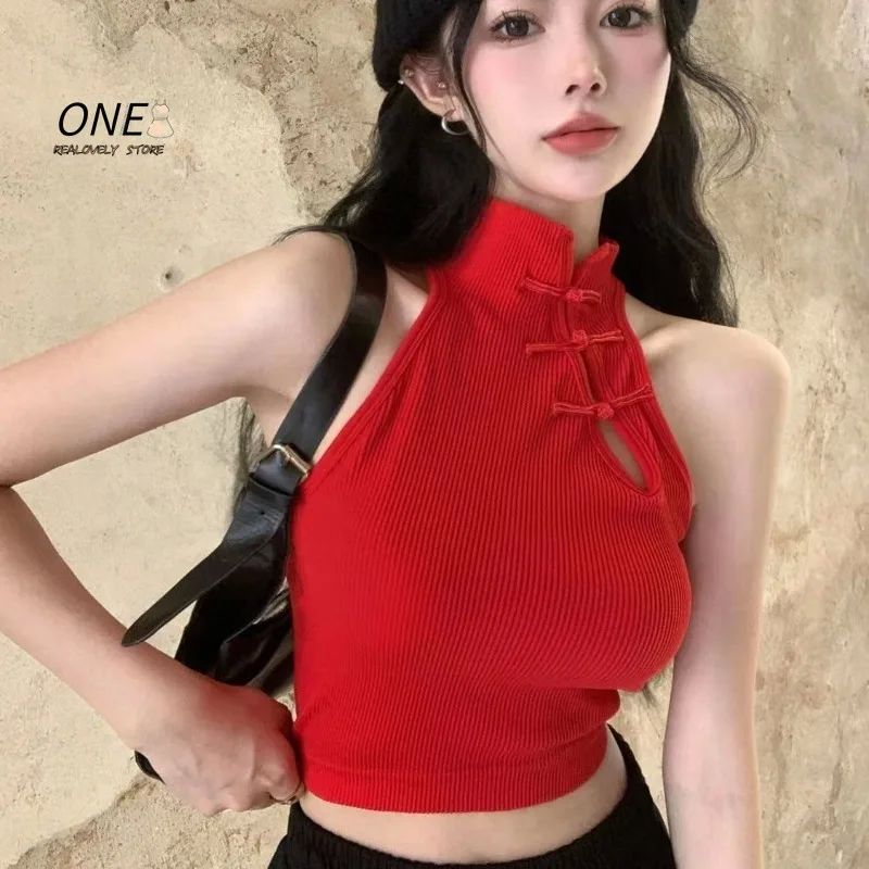 Vintage Chinese Button Tank Tops with Bra Pad Halter Tops O-