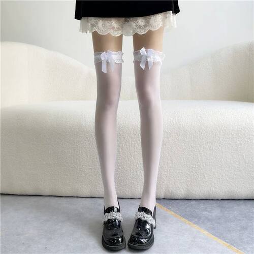 White Silk Bow Stockings Women's Japanese JK Over-the-knee S