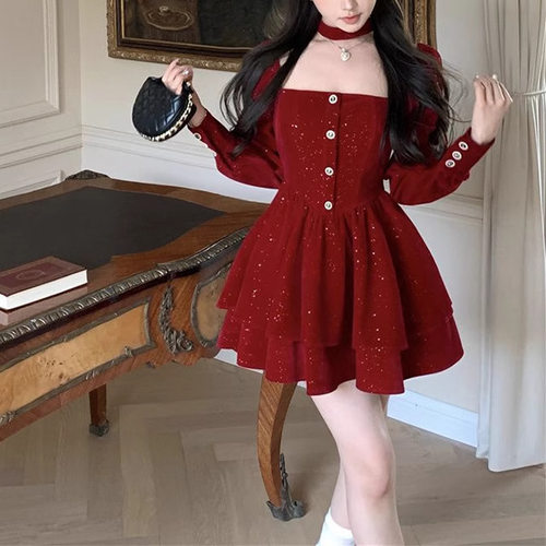 Autumn And Winter Christmas Dress Women's Retro Red Waist Sl