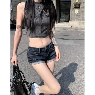 Women's Low Rise Elastic Tight Curled Denim Shorts Summer Gi