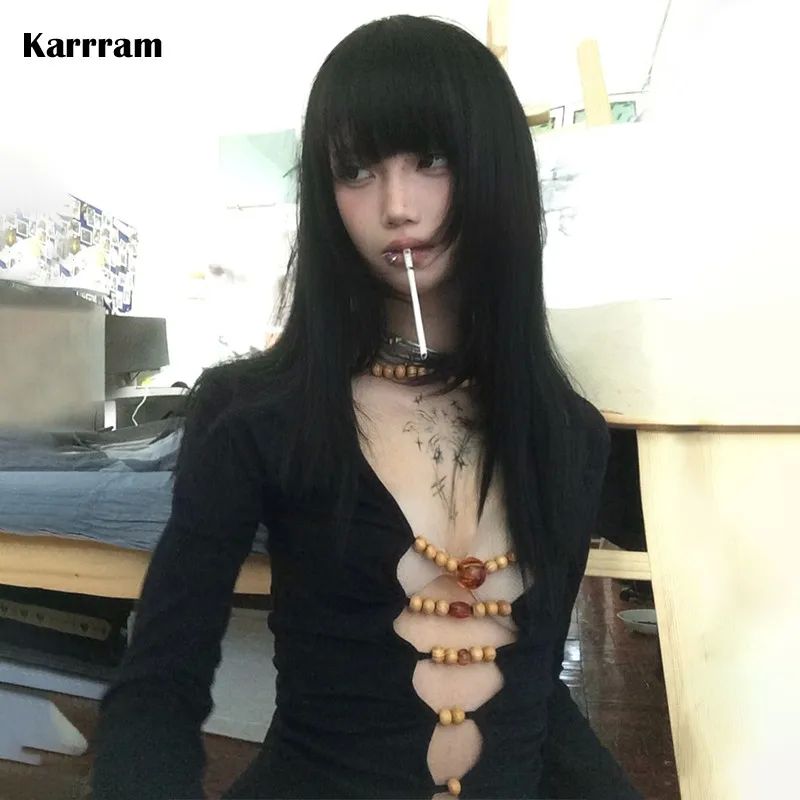 Japanese Y2k Hollow Out Tops Vintage Harajuku Beaded T Shirt