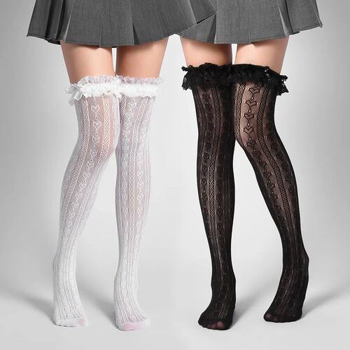 1 Pair Women's Heart Pattern Lace Thigh High Stockings Ruffl
