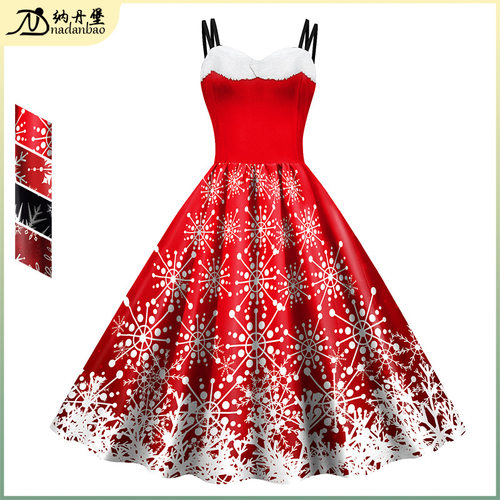 Christmas Dress Snowflake Digital Print Dress Women's Suspen