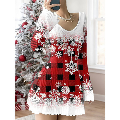 Women's V-neck Stretch Pit Christmas Flare Sleeve Dress For