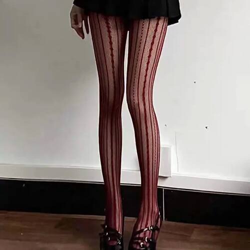Sexy Stripes and Lace Fishnet Stockings Woman White Wine Red