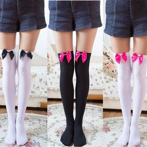 New Velvet Pink Bow Handmade Stockings Sweet Lolita Thigh Hi