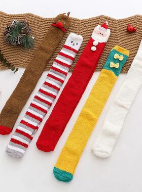 Coral Fleece Christmas Over Knee Thigh Socks Snowman Santa C