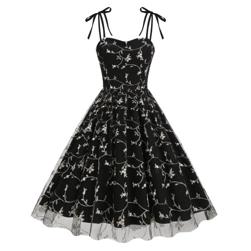 Bow Suspender Mesh Embroidery Vintage Dress Hepburn Christma