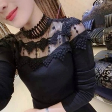 长袖 上衣 蕾丝打底衫 针织t恤女装 高领小衫 2019春秋季 韩版 新款 修身