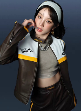 阿迪达斯三叶草外套宋雨琦同款女子运动机车服短款皮衣夹克JM8024