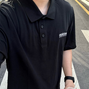 阿迪达斯夏季男子Polo衫黑色翻领运动休闲短袖宽松通勤衬衫JI9052