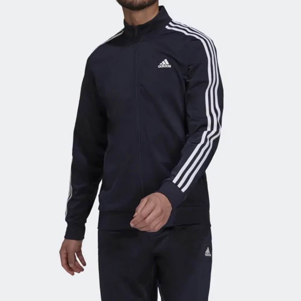 Adidas阿迪达斯男子经典条纹外套立领针织宽松运动休闲夹克H46100