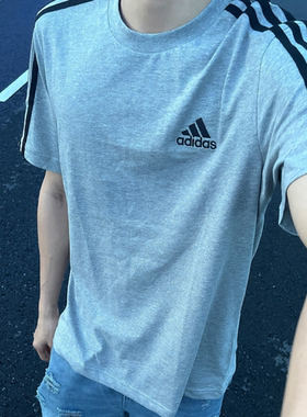 ADIDAS阿迪达斯男士纯棉三条纹透气半袖T恤圆领灰色短袖 GL3735
