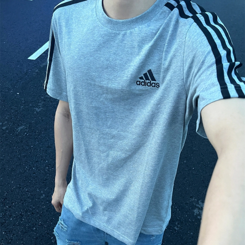 ADIDAS阿迪达斯男士纯棉三条纹透气半袖T恤圆领灰色短袖 GL3735