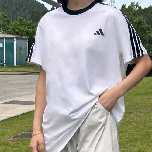 ADIDAS阿迪达斯T恤女三条纹短袖圆领休闲运动纯棉宽松半袖 JY7612