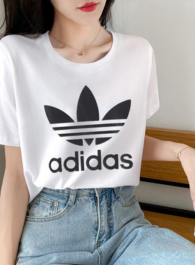 阿迪达斯三叶草女夏季短袖宽松运动服大logo白色T恤半袖GN2899