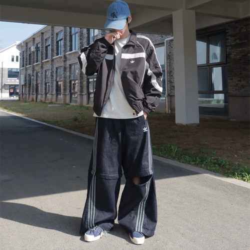 阿迪达斯三叶草男女运动休闲可拆卸宽松牛仔阔腿裤 KB6415 KB6416