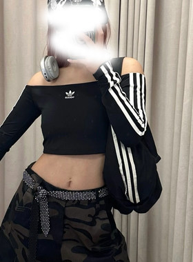 阿迪达斯三叶草女子运动休闲一字漏肩修身显瘦短款长袖T恤JD0274