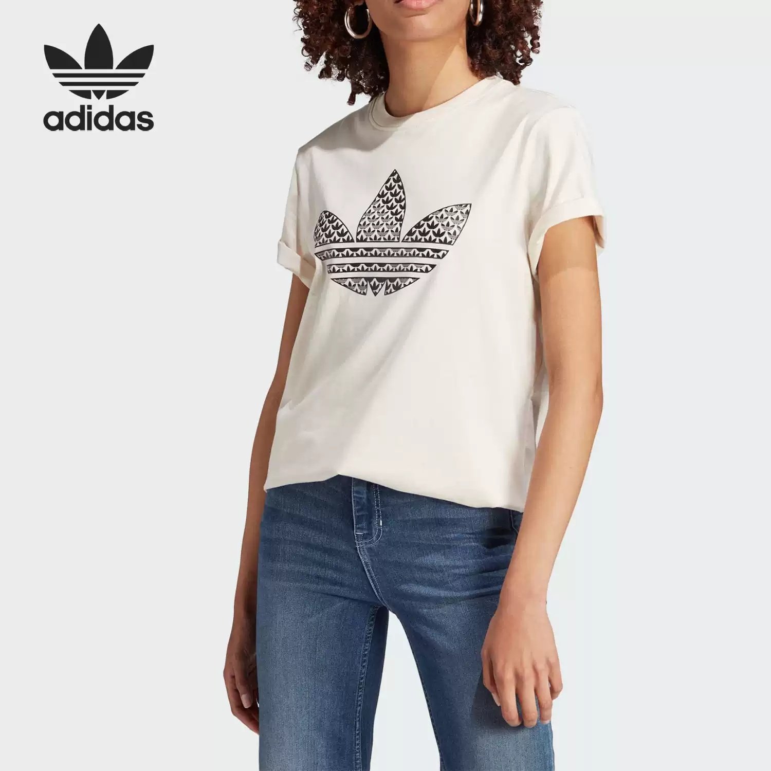 Adidas阿迪达斯三叶草女士半袖圆领印花休闲运动短袖T恤 IJ7067
