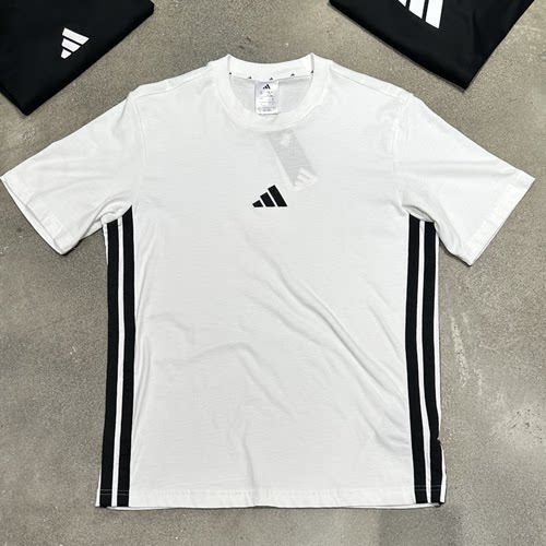 ADIDAS阿迪达斯短袖男子三条纹白色运动服半袖透气纯棉T恤 JY8563