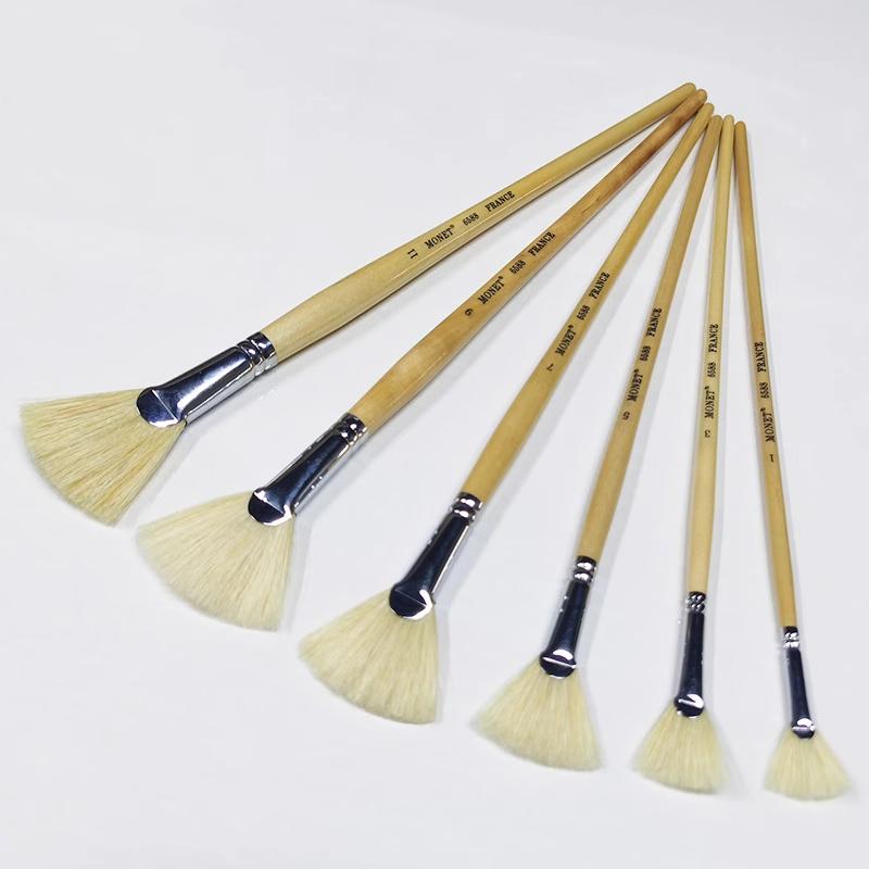Monet莫奈原木杆猪鬃毛扇形笔专业水粉画笔硬毛丙烯油画笔6支套装