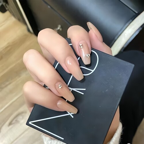 裸色中长款手工穿戴美甲