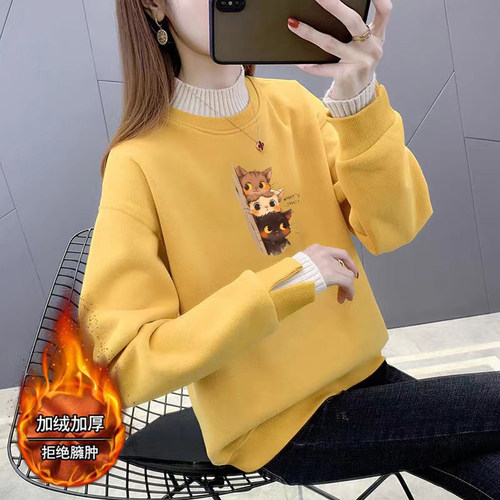 可爱卡通半高领加绒加厚卫衣女冬季新款宽松慵懒风假两件套头上衣