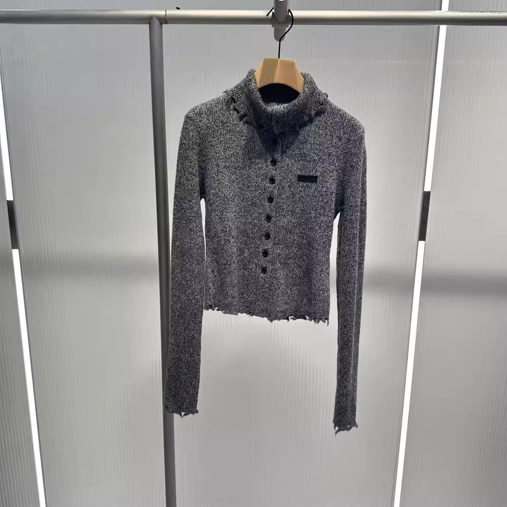 现货艾诺丝2025秋季新款女装修身高领翻领长袖针织衫开衫AC804171